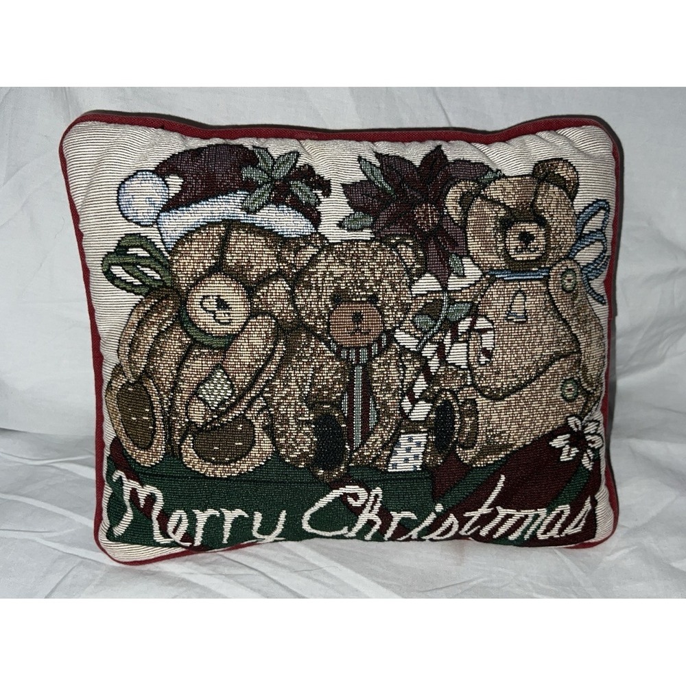 Christmas Holiday Tapestry Throw Pillow Merry Christmas Teddy Bears 12x9